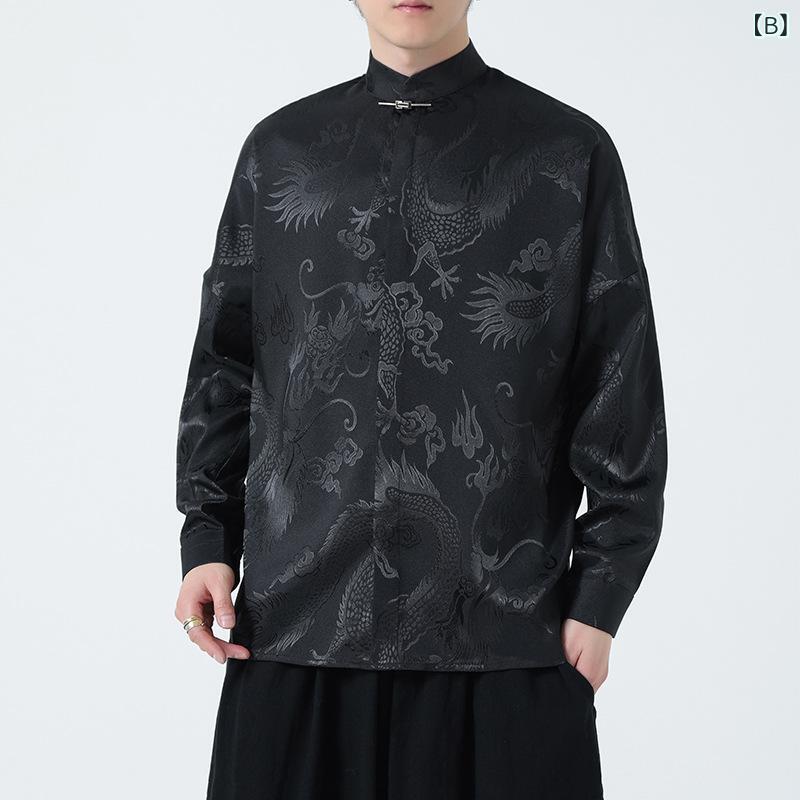 ふんわり暮らし鞄店の漢服シャツ メンズ 春夏 着回し カジュアル 普段使い モダンチャイニーズ ジャカード織り 長袖 ビッグシルエット ゆったり レトロ 白 黒 ポリエステル トップス｜アングル3
