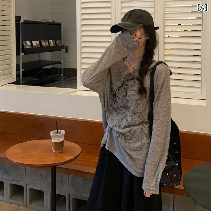 Tシャツ レディース 長袖 プリント アルファベット柄 ゆったり 丸首 ミドル丈 グレー 夏 UVカット 薄透け エアコン対策 ポリエステル トップス