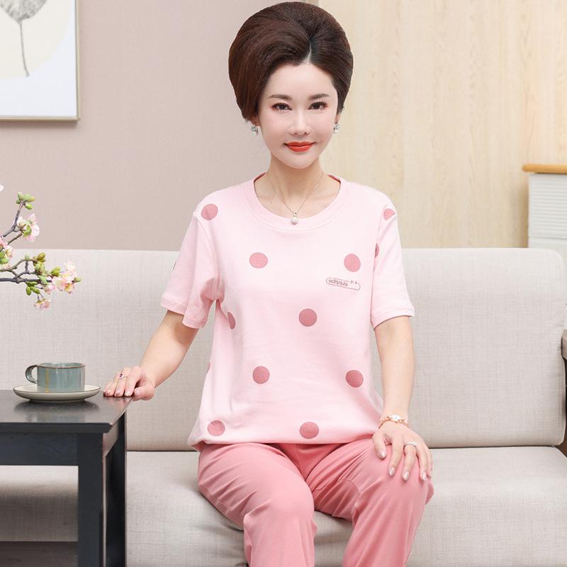 乐天商城 - パジャマ ルームウェア レディース 中年女性 ママ 丸首 半袖 ロングパンツ 綿100% 夏 普段使い 部屋着 外出着 高級感