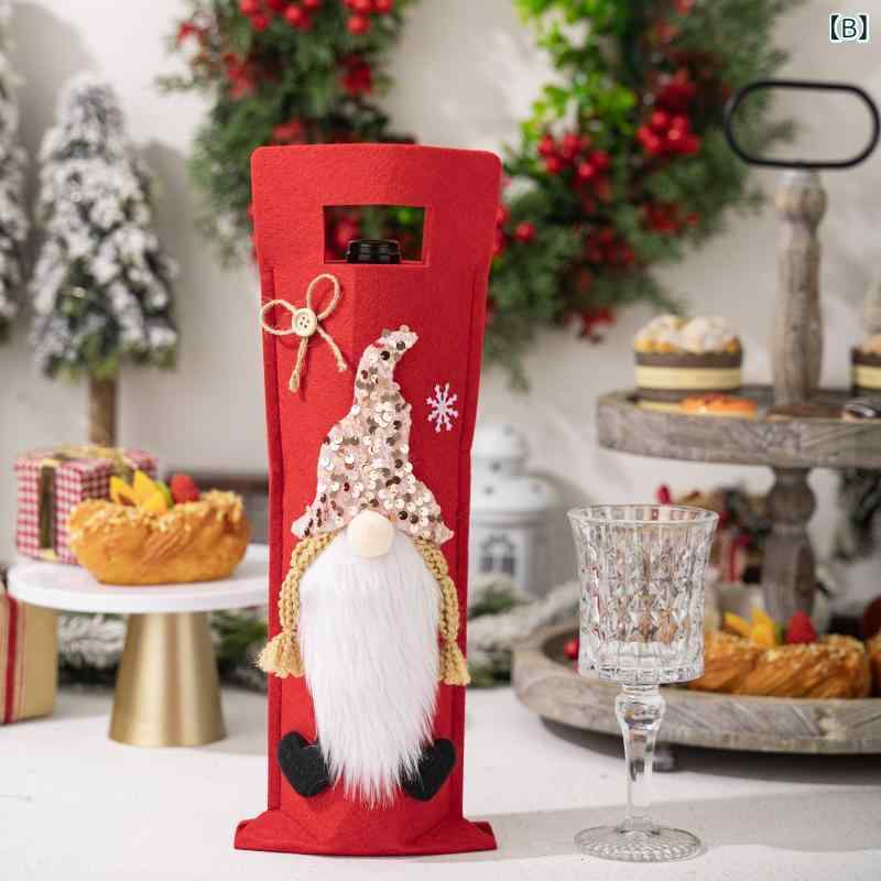 ふんわり暮らし鞄店のクリスマス ボトルカバー ノーム ドワーフ ルドルフ トナカイ ワインボトルデコレーション パーティー飾り かわいい おしゃれ 布製 レッド ピンク ブラック グリーン｜アングル3