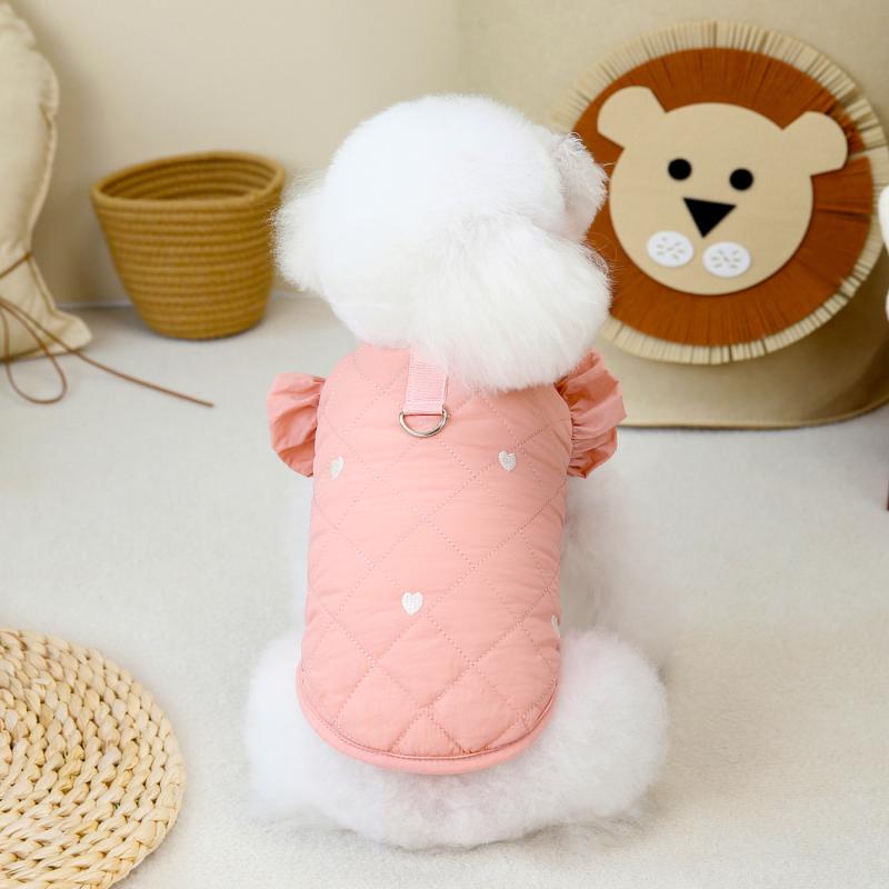 Rakuten - ペット服 小型犬 猫用 秋冬 保温 防寒 暖かい 快適 コットン ポリエステル フリル袖 かわいい ハート柄 ベスト タンクトップ ノースリーブ オフホワイト ピンク 散歩 お出かけ 普段使い