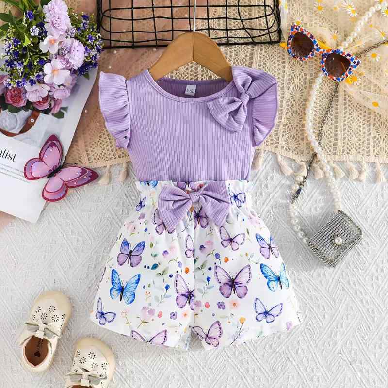 ベビー服 女の子 1〜3歳 欧米風 春夏 綿 リブ編み 蝶々柄 トップス ショートパンツ...