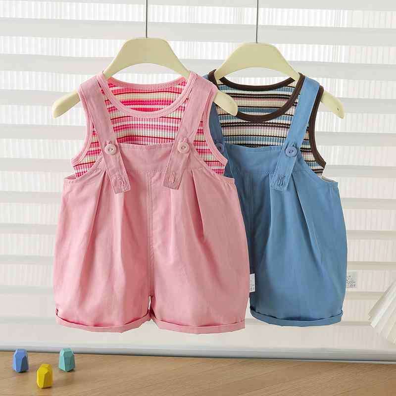 サロペット ベビー 男女兼用 春夏 韓国風 ストライプ柄 ノースリーブ ショート丈 コットン ワークテイスト 2点セット 薄手 お出かけ 普段使い ブルー ピンク