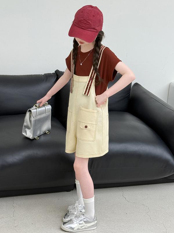 キッズ 女の子 ガールズ サロペット オーバーオール セットアップ 夏服 ジュニア ティーンズ 半袖 Tシャツ ショートパンツ 半ズボン 綿 コットン 薄手 おしゃれ かわいい カジュアル 普段使い 2点セット