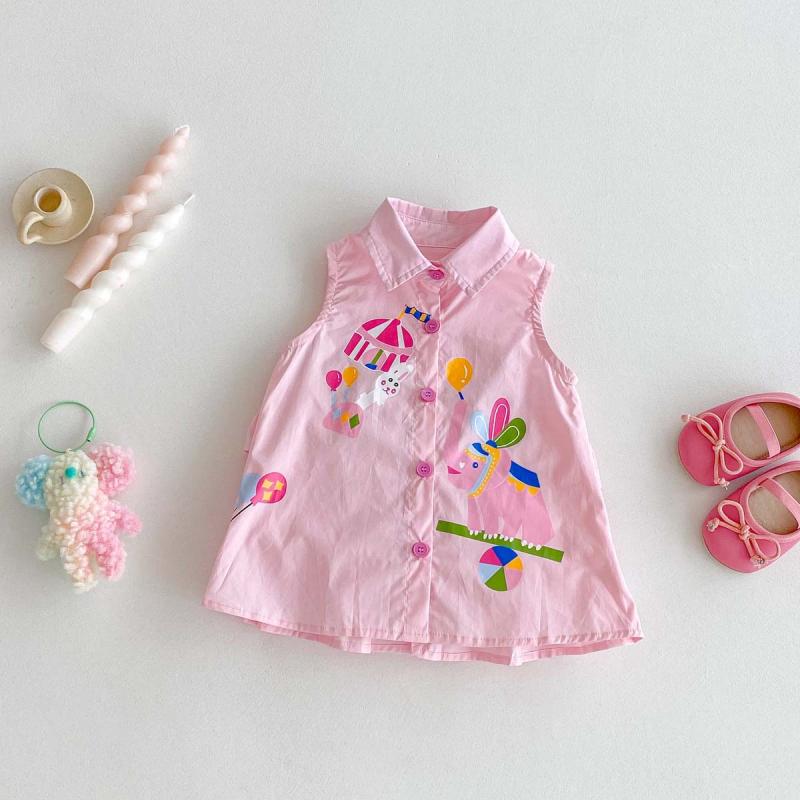 Rakuten - シャツワンピース ベビー 女の子 女児 夏 かわいい ピンク キャラクター 動物 アニマル プリント ノースリーブ Aライン リボン 綿 コットン やわらか素材 普段使い お出かけ リゾート
