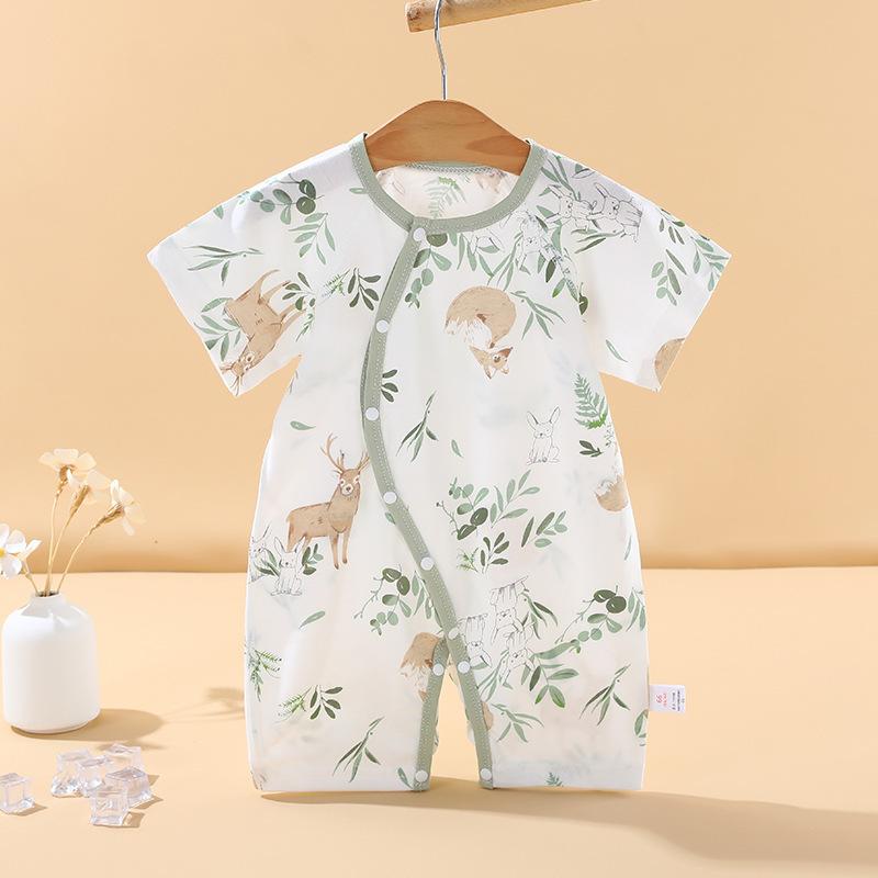 Rakuten - ロンパース ベビー 新生児 男の子 女の子 半袖 綿 薄手 夏物 前開き カバーオール パジャマ フラット縫製 コットン スリーパー 部屋着 お出かけ 肌に優しい 吸湿性 通気性