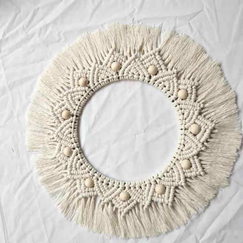 Plain - タペストリー 円形 ラウンド 手織り ハンドメイド 北欧風 綿 コットン 壁掛け ウォールデコ 寝室 リビング 玄関 書斎 ミラー付き