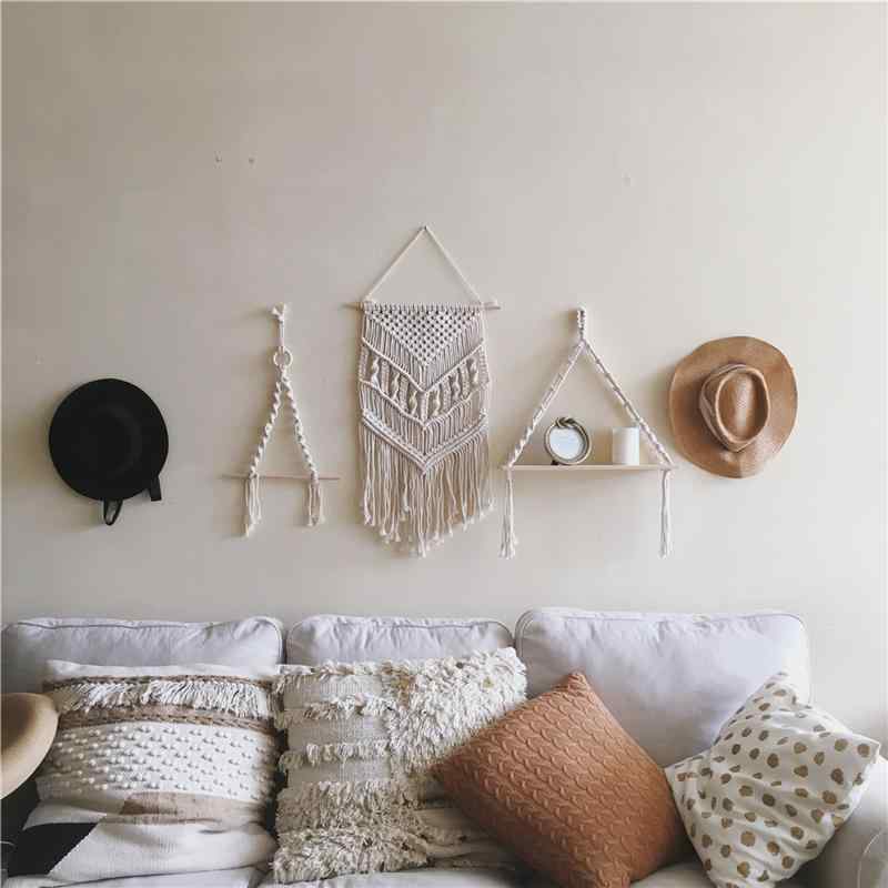 壁掛け コットン 手編み ウッドバー 三角形 ロールティッシュホルダー シンプル モダン 北欧 おしゃれ タペストリー ウォールデコ リビング 寝室 ゲストハウス インテリア 装飾 ピンク系