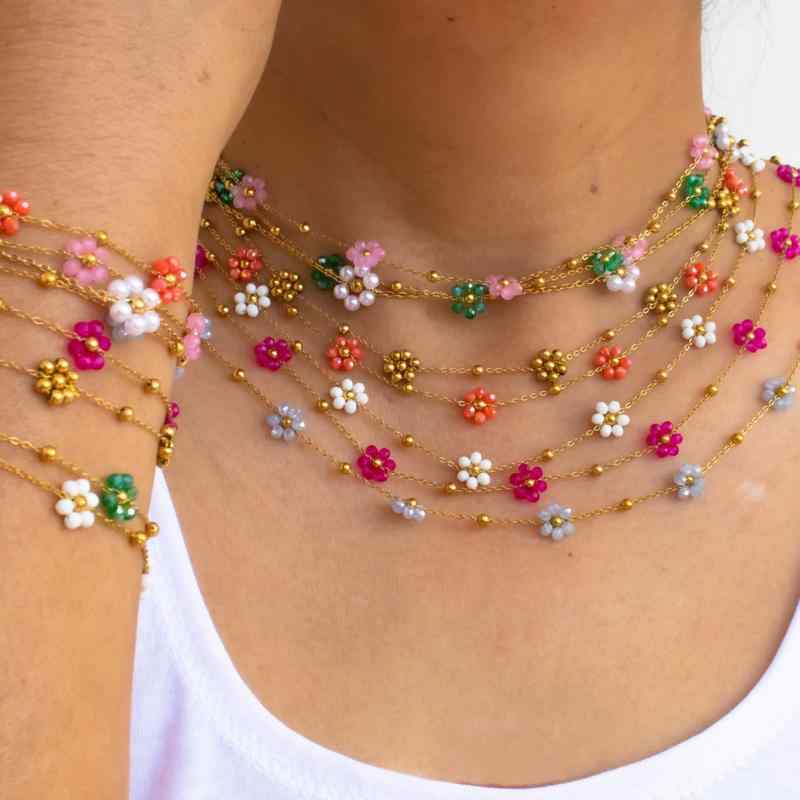 Rakuten - アクセサリー レディース ボヘミアン ハンドメイド マルチカラー 小粒花ビーズ ネックレス ブレスレット セット ステンレス 普段使い デイリーユース