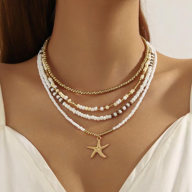 Beads - ネックレス レディース ボヘミアン スタイル ヒトデ ペンダント チャーム 合金 ビーズ 多層 重ね付け 調節可能 電気メッキ加工 夏 カジュアル おしゃれ 普段使い 首飾り ベージュ ブルー