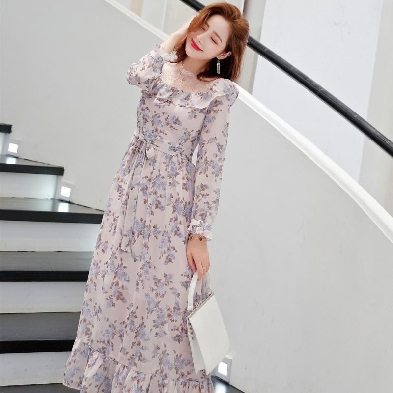 樂天商城 - ワンピース レディース 長袖 ラウンドネック 小花柄 シフォン ポリエステル レース 切り替え フレンチ エレガント レトロ 上品 フェミニン Aライン フレア ロング丈 マキシ丈 リボン フリル 春夏