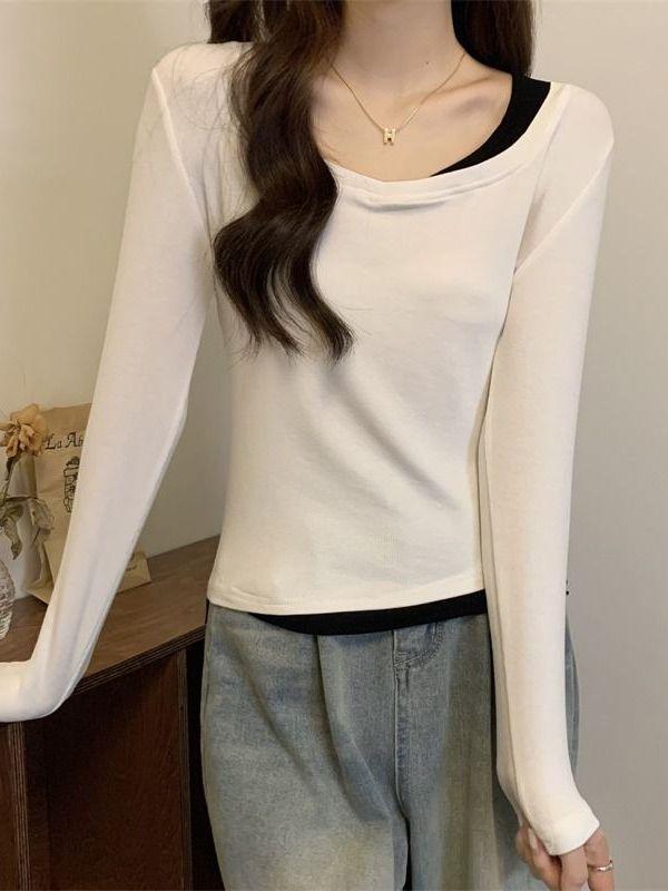 Rakuten - Tシャツ レディース 春秋 フェイクレイヤード 切り替え デザイン スリムフィット ショート丈 ラウンドネック 長袖 着回し 通勤 インナー カットソー 綿 ポリエステル
