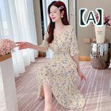 乐天商城 - ワンピース レディース 春夏 シフォン 小花柄 Vネック フレアスリーブ ウエストマーク Aライン ロング丈 マキシ丈 体型カバー エレガント フェミニン レトロ フレンチ リラックス お出かけ