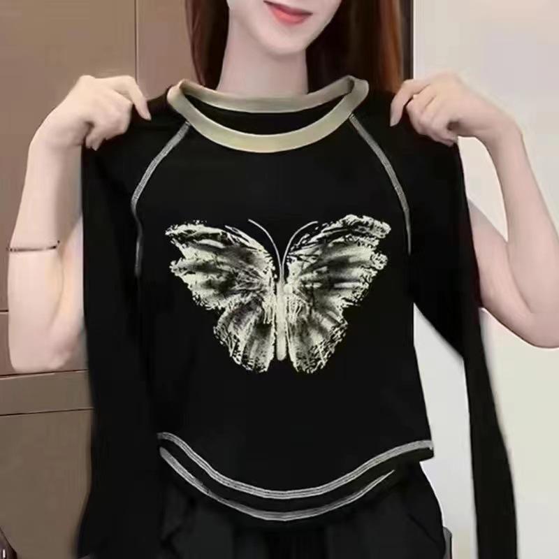 乐天商城 - Tシャツ レディース 女性用 綿 ポリウレタン 長袖 春秋物 ブラック 着回し アシンメトリー 配色切り替え 幾何学模様 クルーネック 伸縮性 プルオーバー きれいめ 通勤 オフィス 上品 エレガント カットソー インナー