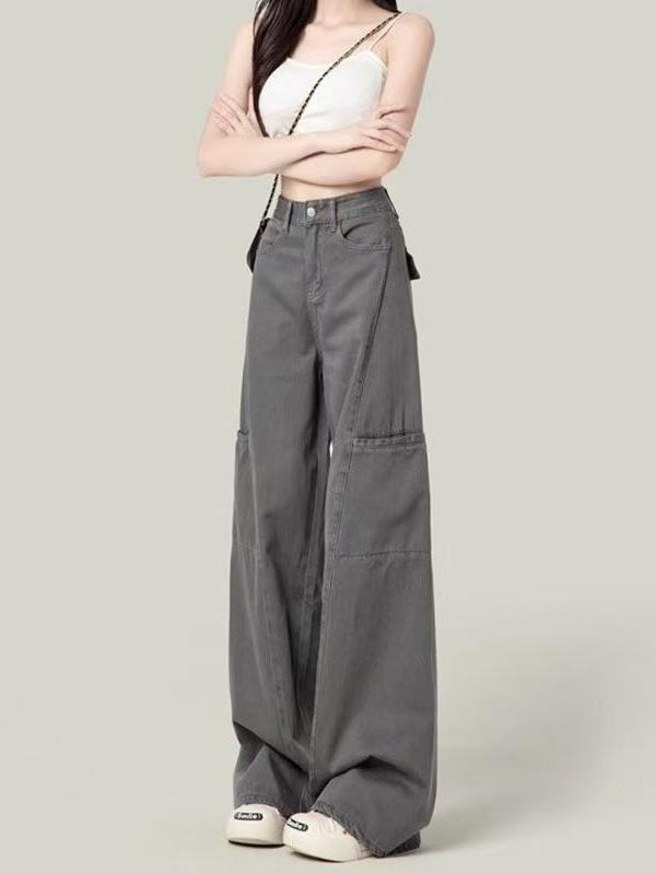 Rakuten - カーゴパンツ レディース ハイウエスト ワイド ストレート デニム コットン グレー レトロ アメカジ ストリート ロングパンツ ノンストレッチ 春夏