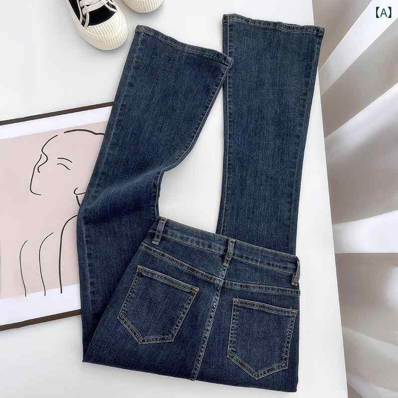 デニムパンツ レディース ブルーグレー ハイウエスト 微フレア ブーツカット ホースシューカット ストレッチ 伸縮性 着痩せ スリム見え 小柄 低身長向け コットン ジーンズ ウォッシュ加工 ロング丈 春夏秋 通勤 オフィス カジュアル soarsole-10163584 ふんわり暮らし鞄店 サンプル画像2