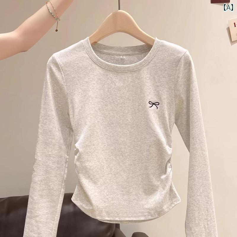 Rakuten - Tシャツ レディース 春秋 綿 コットン スパンデックス 伸縮性 長袖 クルーネック 丸首 無地 リボン 刺繡 ギャザー スリムフィット プルオーバー インナー レイヤード トップス カジュアル 普段使い ベーシック