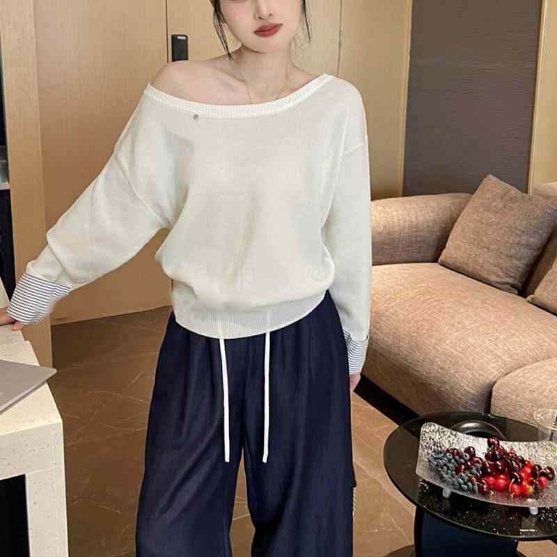 ニット トップス レディース 韓国ファッション 斜め肩 オフショルダー シャツスリーブ…