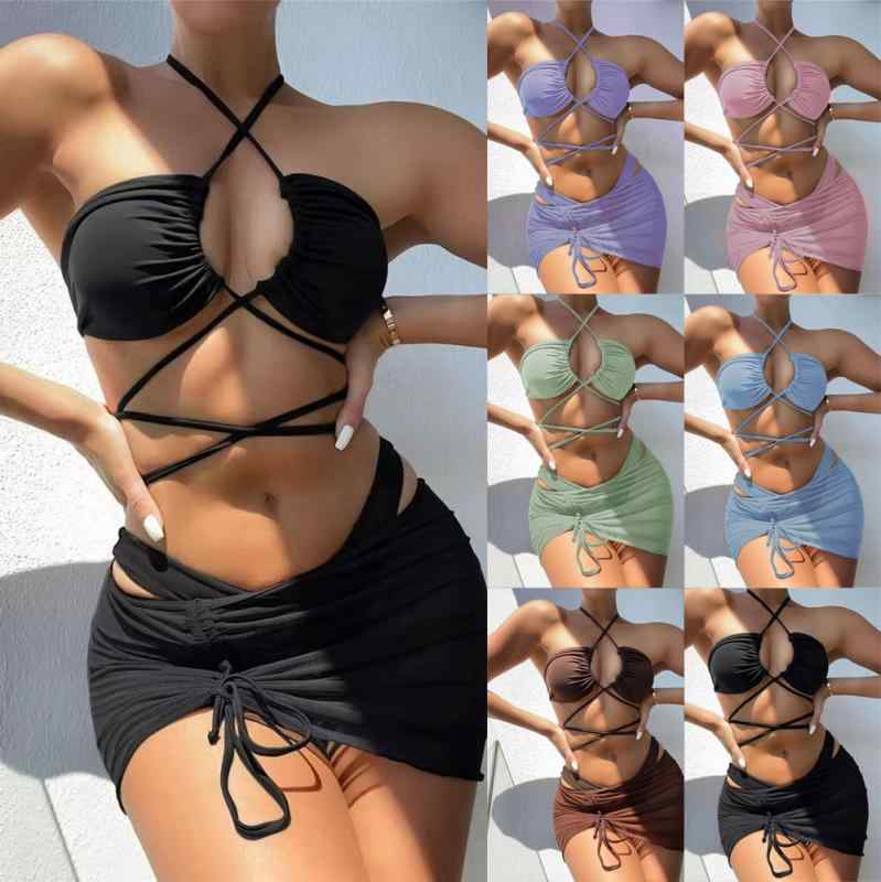 水着 レディース 欧米スタイル ビキニ 3点セット スリーピース セクシー ホルターネック ストラップ 無地 胸パッド付き ノンワイヤー ナイロン素材 ビーチ リゾート プール 旅行 体型カバー アクティブ スポーツ サマー ブラック ピンク グリーン
