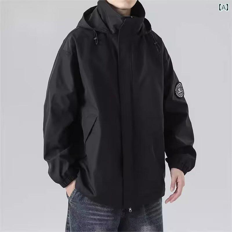 ふんわり暮らし鞄店のジャケット メンズ 男性用 春秋 フード付き ゆったり ルーズフィット アメリカンストリート アメカジ カジュアル 機能性 マウンテンパーカー ウィンドブレーカー 切り替え アウトドア 若者 トレンド 黒 カーキ 白｜アングル2