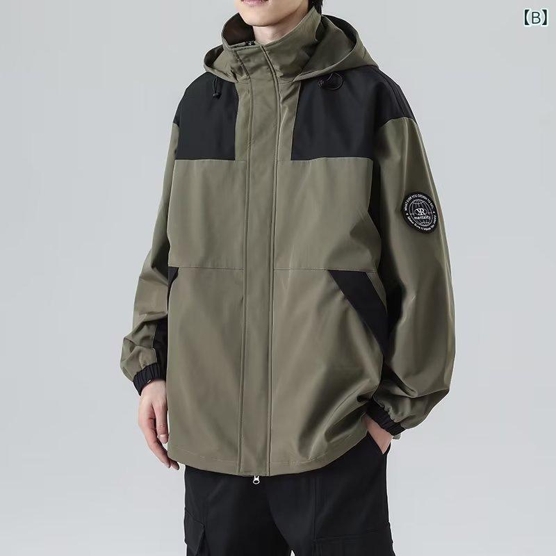 ふんわり暮らし鞄店のジャケット メンズ 男性用 春秋 フード付き ゆったり ルーズフィット アメリカンストリート アメカジ カジュアル 機能性 マウンテンパーカー ウィンドブレーカー 切り替え アウトドア 若者 トレンド 黒 カーキ 白｜アングル3