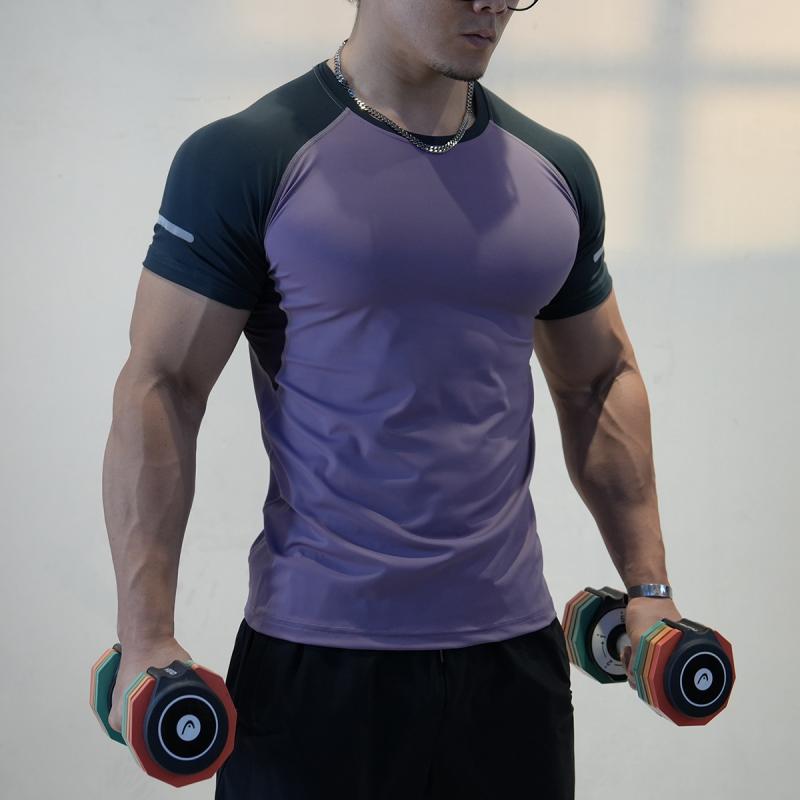 乐天商城 - Tシャツ メンズ 男性用 スポーツウェア トレーニングウェア ジム フィットネス ランニング 吸汗速乾 通気性 伸縮性 ストレッチ ナイロン 半袖 コンプレッションウェア 加圧インナー 無地 パープル