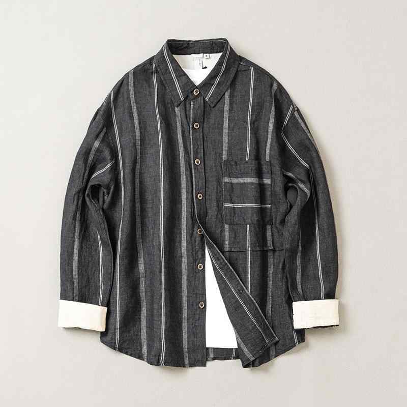 Long-Sleeve （Shape Holding） - シャツ メンズ 日系カジュアル 亜麻 リネン 薄手 色織りストライプ 長袖 ゆったり スクエアカラー 通気性 洗える 大人カジュアル 春夏 普段使い