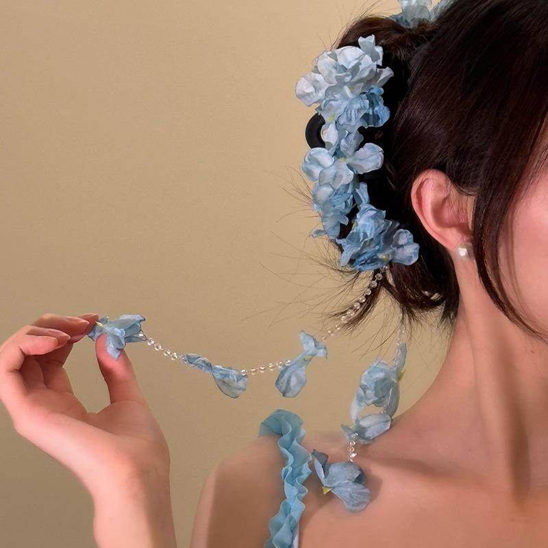 ヘアクリップ レディース バンスクリップ ヘアアクセサリー ブルー 花柄 フリンジ 紫陽花 フェミニン エレガント まとめ髪 ハーフアップ