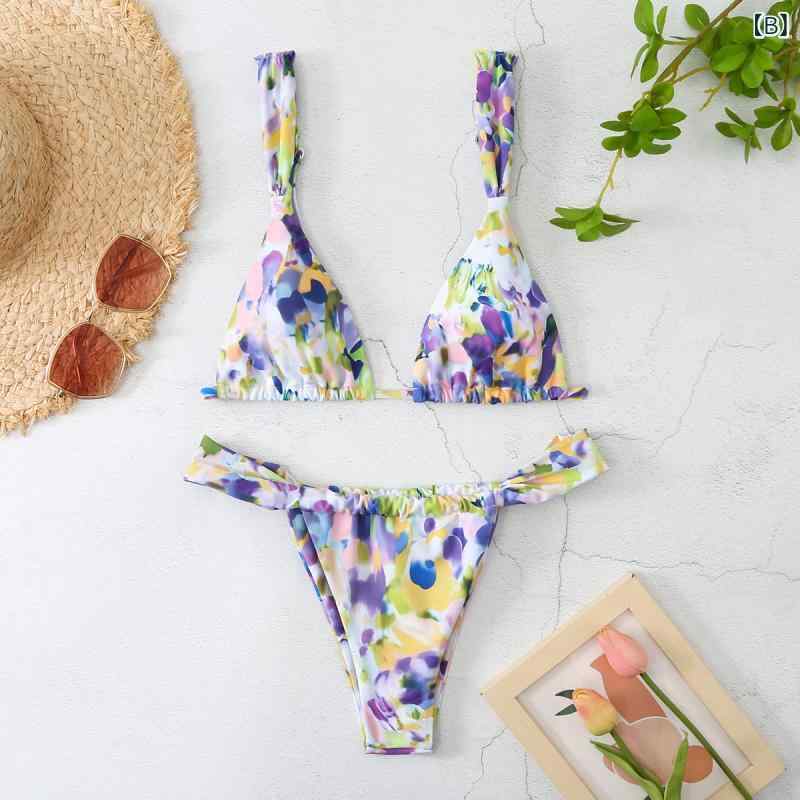 ふんわり暮らし鞄店の水着 レディース 女性用 ビキニ セパレート 小花柄 プリント 紐付き 調節可能 カップ付き ノンワイヤー 速乾 伸縮性 耐久性 ポリエステル 欧米風 リゾート ビーチ プール 海水浴 春夏｜アングル3