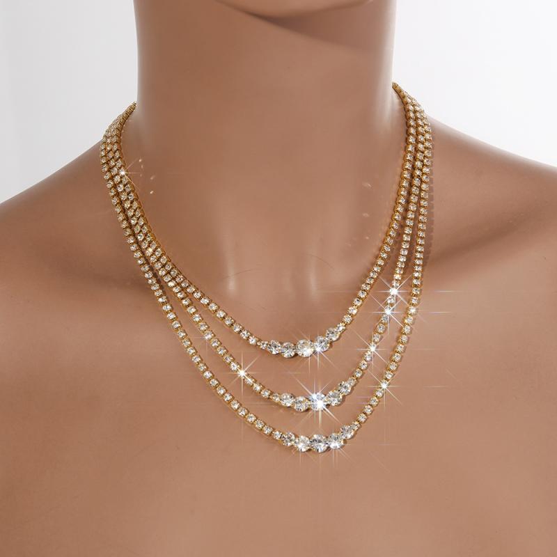 ネックレス レディース 多層 チョーカー U字 総ラインストーン 爪留め エレガント セクシー レトロ ストリート ファッショントレンド きれいめ カジュアル ゴールド シルバー 電気メッキ加工