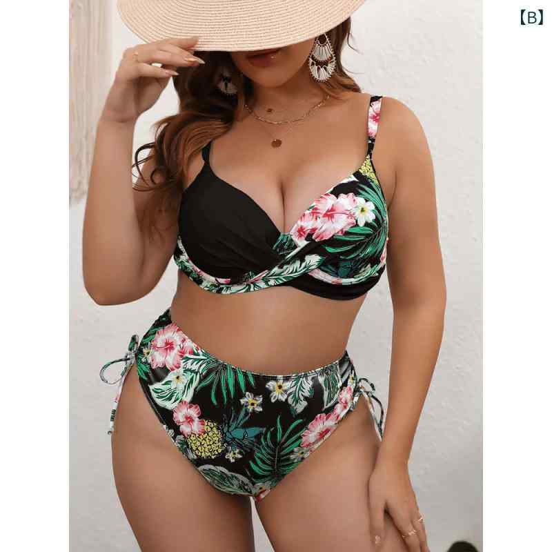水着 レディース プラスサイズ セパレート ビキニ ワイヤー入り カップ付き 花柄 デジタルプリント 総柄 ポリエステル素材 大人セクシー 夏 リゾート ビーチ プール 旅行 体型カバー グリーン ブラック ブルー 3