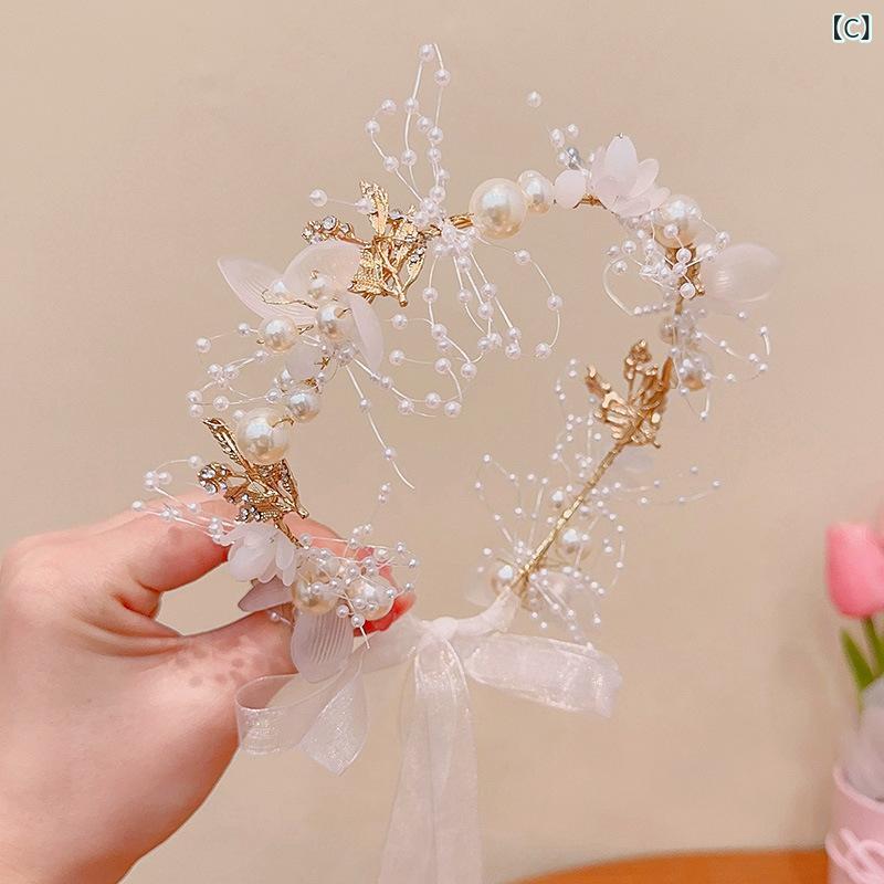 ふんわり暮らし鞄店のヘアバンド 女の子 プリンセススタイル パールフラワー かわいい 子供 頭飾 ヘアアクセサリー ピンク ブルー ホワイト おしゃれ 普段使い｜アングル3