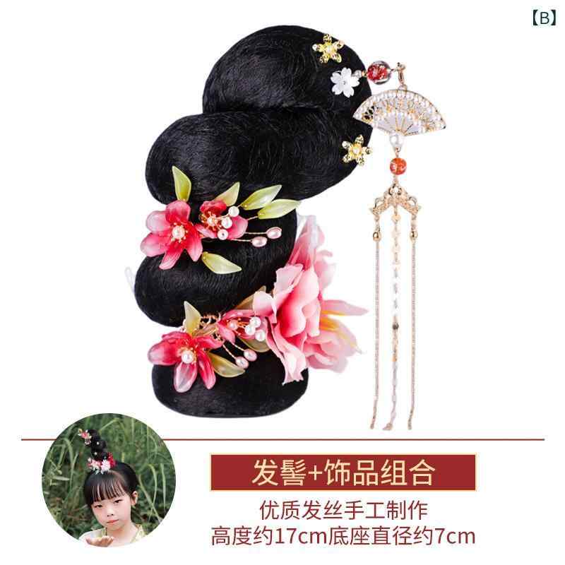 ウィッグ 女の子 古典風 ショート ヘアパック アップヘア ヘアクリップ ヘアコーム 花飾り 頭飾 セット 舞台 古典舞 耐熱 かわいい 3