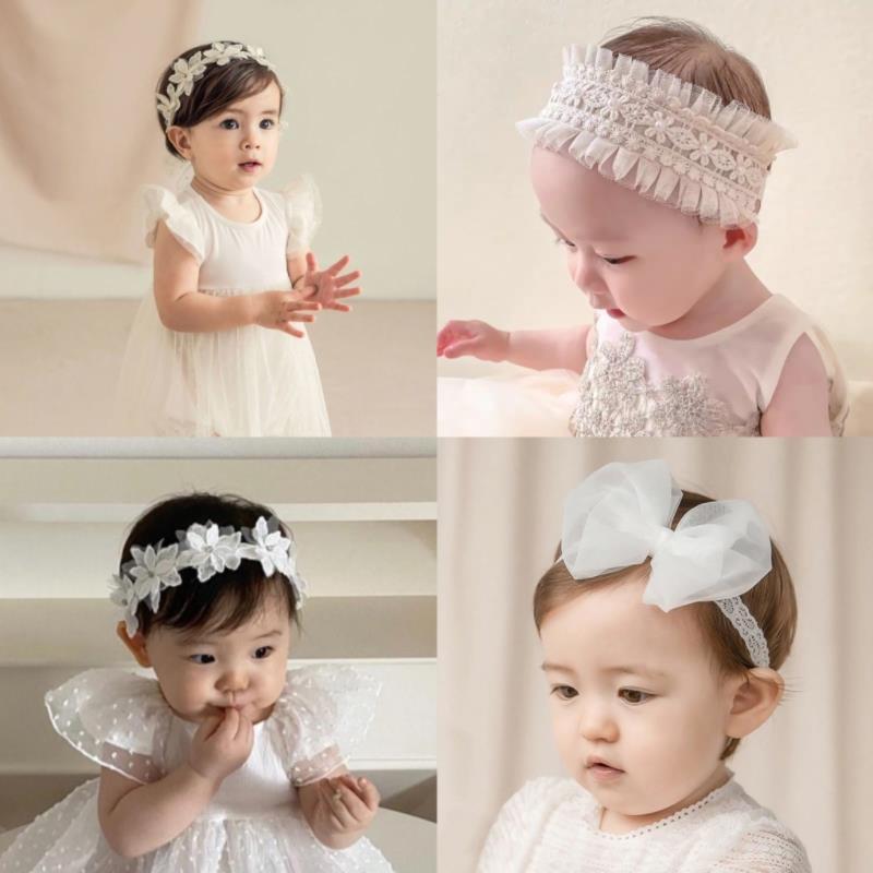 ヘアバンド ベビー 男の子 女の子 レース 花柄 蝶結び 刺繍 透かし プリンセス風 かわいい 幅広 頭頂部保護 グレー 白 アイボリー 普段使い
