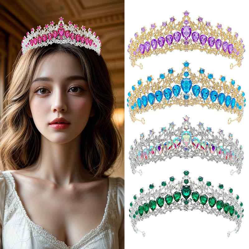ヘアアクセサリー レディース ウェディング クラウン ティアラ クリスタル ヘッドドレス 水滴 モチーフ 豪華 かわいい 輝く 合金 電気メッキ加工 金 銀 赤 結婚式 パーティー