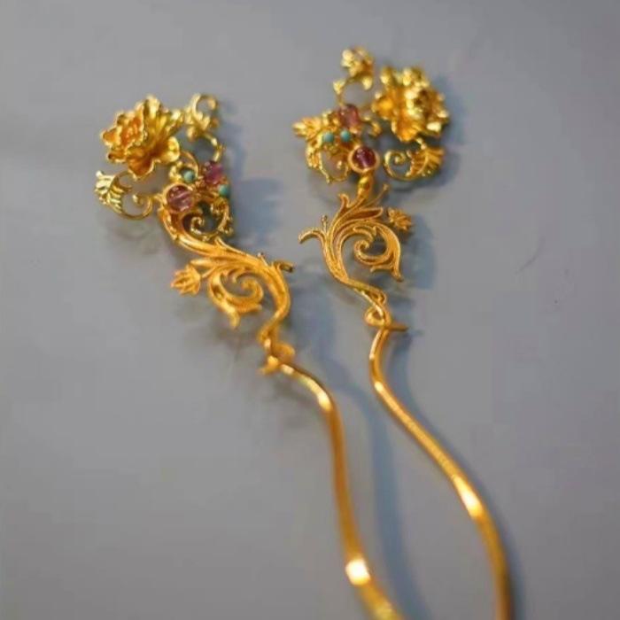 樂天商城 - 頭飾 漢服風 復古 簪 紫水晶 金メッキ 金花 絲簪 銅製 花モチーフ アクセサリー ウェディング ヘアアクセサリー