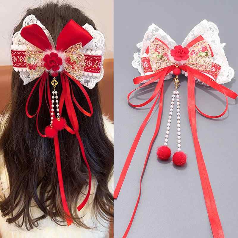 珠宝首饰用品 - ヘアクリップ 子供 赤 大蝶結 ポンポン タッセル リボン レトロ 春 パールビーズ 手作り かわいい ポニーテール 日常使い おしゃれ アクセサリー クリスタル 刺繍