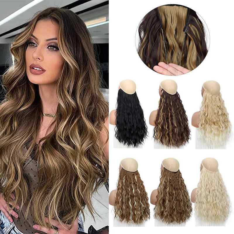 ヘアエクステンション メンズ レディース U型 クリップ式 ボリューム 多め インビジブル ロング カーリー 耐熱繊維 ナチュラル ブラウン ハイライト