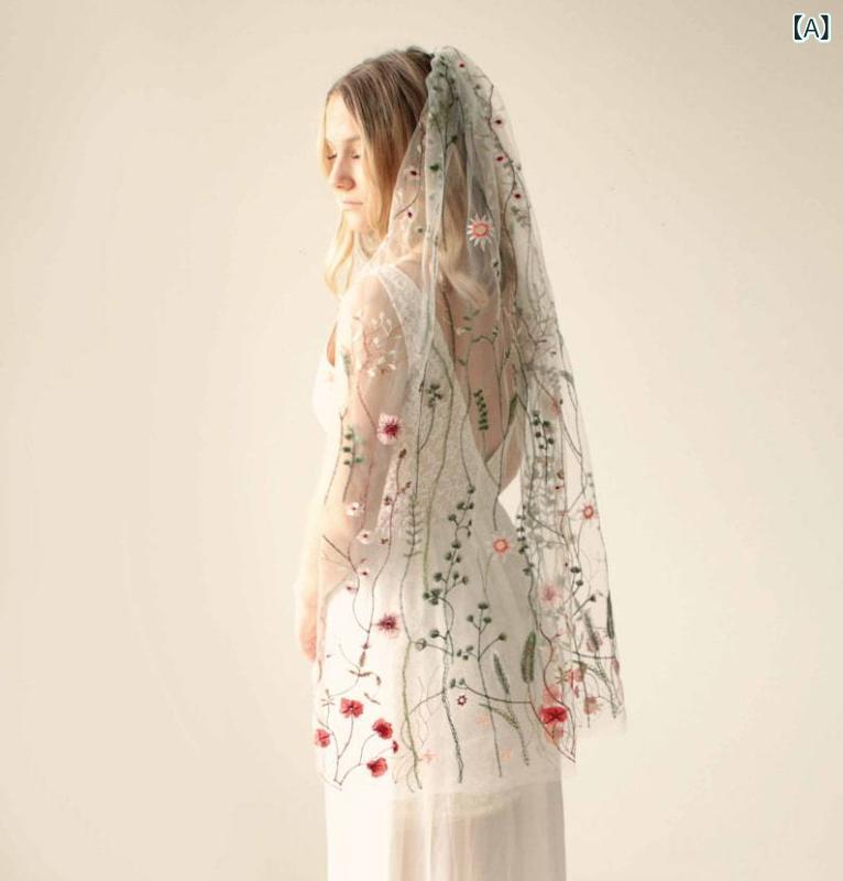 ふんわり暮らし鞄店のウェディングベール 子供 水草刺繍 チュール アイボリー ショート ロング 結婚式 ヘッドアクセサリー 花モチーフ 自然スタイル 春 かわいい 普段使い｜アングル2