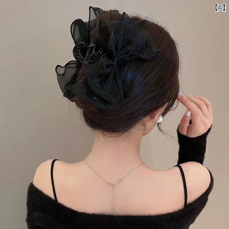 ヘアクリップ レディース 大型リボン 蝶結び 雲モチーフ ふわふわ アップスタイル 後頭部 バナナクリップ 布地 かわいい 甘め 夏 黒 カーキ ネイビー