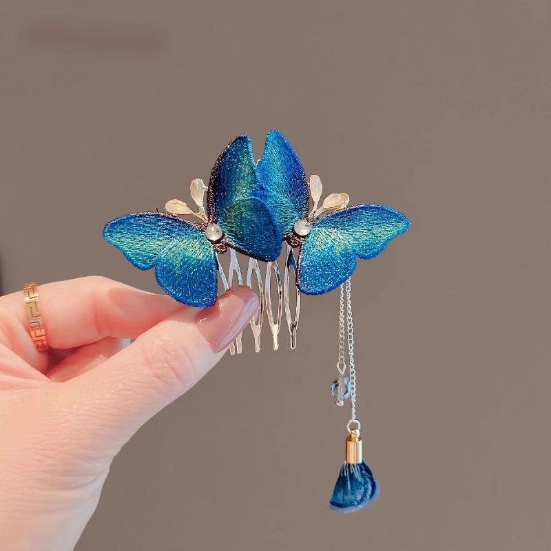 Rakuten - ヘアアクセサリー レディース 青 刺繍 蝶 コーム 高級感 レトロ ヴィンテージ 手作り メタル 白水晶 春 アップヘア 挿しコーム 髪飾り ヘアピン かわいい おしゃれ フェミニン