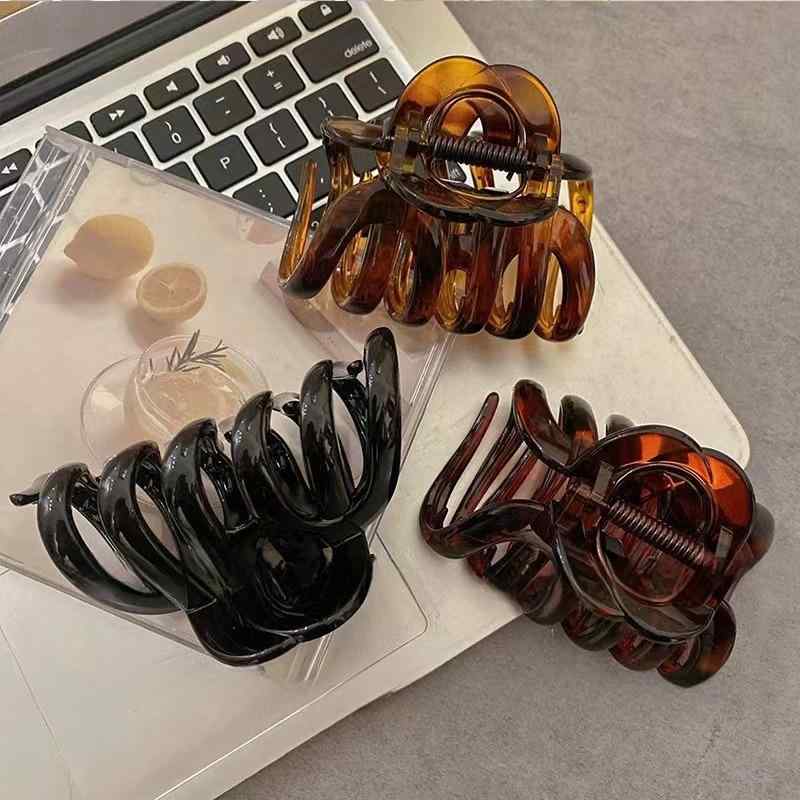 Other - ヘアアクセサリー レディース カボチャ型 大型 グリップクリップ 厚髪対応 後頭部 シンプル シャーククリップ 樹脂 手作り 韓国スタイル ライン 光沢 夏 通勤 ファッション OL 赤褐 アンバー 黒