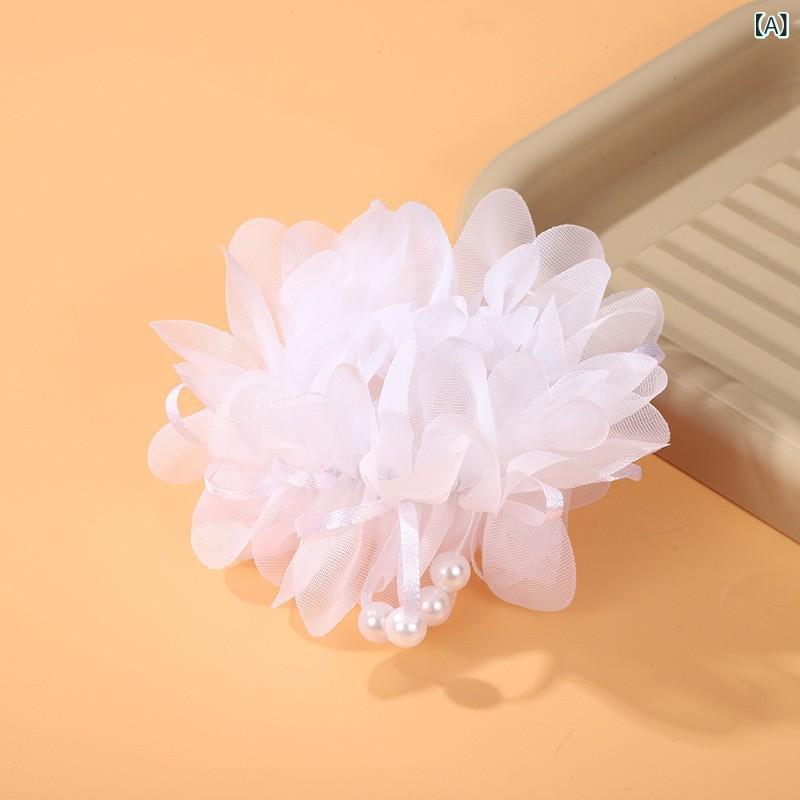 ヘアゴム 女の子 かわいい 雲モチーフ ビーズフラワー ヘッドフラワー お団子ヘア 飾り ヘアアクセサリー 伸縮性 チュール素材 春 星 流星 波 清新 甘いスタイル 白 ピンク 赤の商品画像 2