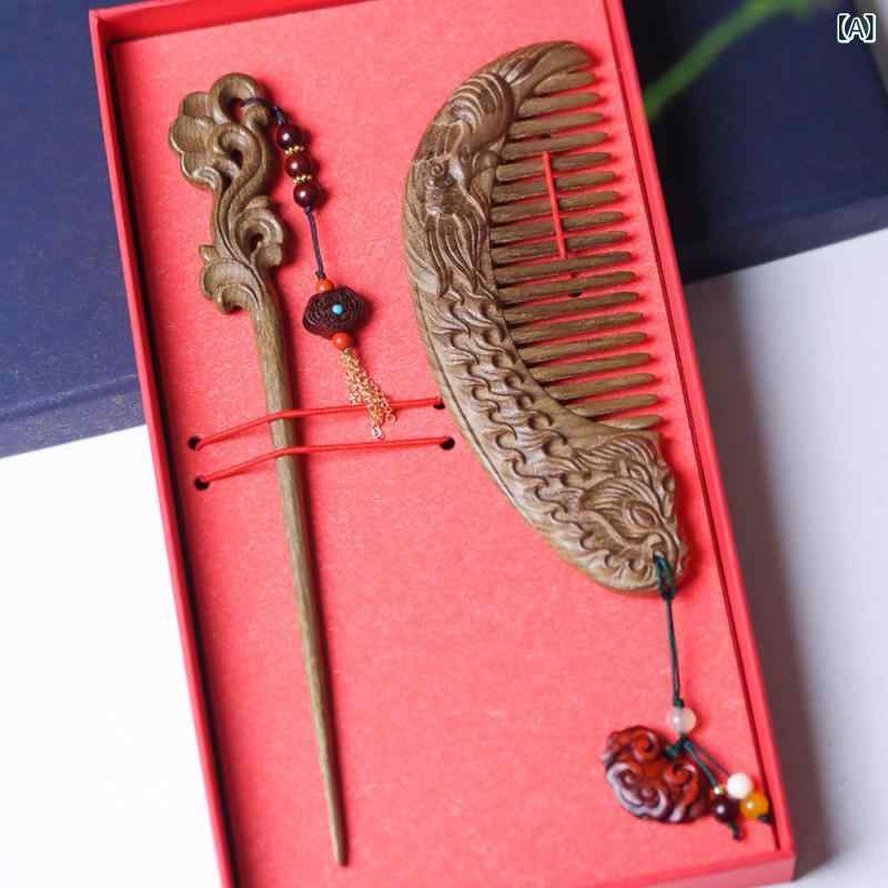 Rakuten - 髪飾り メンズ レディース 金絲楠木 木製 櫛 セット 手作り ジオメトリック 形状 復古 スタイル 新中式 エスニック おしゃれ 如意 デザイン 鳳凰 モチーフ 太極 パターン 普段使い