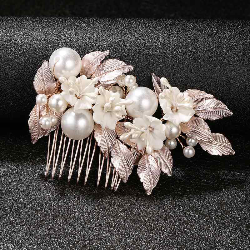 ヘアコーム レディース ブライダル パール ヘアアクセサリー 結婚式 合金 電気メッキ加工 ローズゴールド フラワーモチーフ ホワイトクリスタル シンプル スタイル