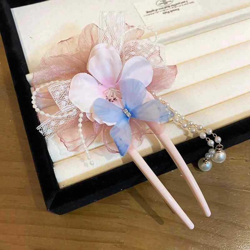 ヘアクリップ レディース ピンク チュール リボン 花飾り アップヘア 後頭部用 シャーククリップ 高級感 清新 スイート 春 かわいい 普段使い おしゃれ
