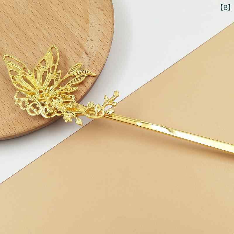 ふんわり暮らし鞄店のヘアアクセサリー かんざし 古風 DIY 合金パーツ ゴールド 蝶 花枝 歩揺 モチーフ 手作り 材料 電気メッキ加工 シルバー 春 かわいい デザイン レトロ 和風 ヘアスタイル｜アングル3