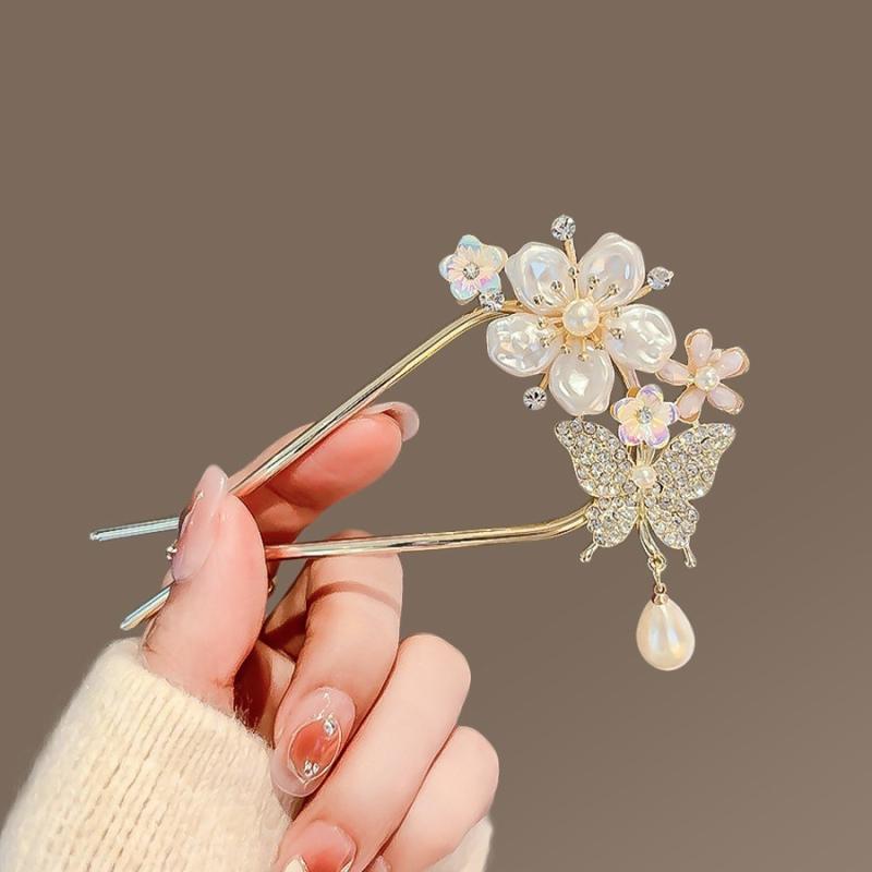 Rakuten - かんざし レディース U 型 花 蝶 モチーフ フリンジ 付き 高級 感 古風 ヘッド アクセサリー 金属 製 夏 向け 金 ピンク 水晶 かわいい 普段使い おしゃれ アップ ヘア スタイル 現代 的 気質