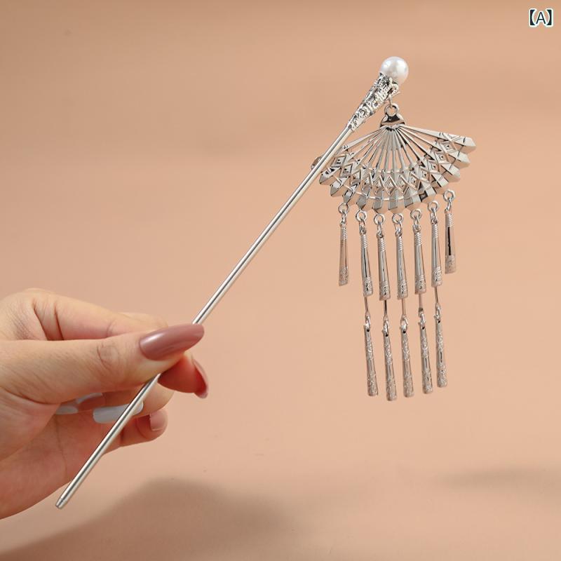 樂天商城 - 髪飾り レディース 風鈴 流蘇 かんざし ヘアアクセサリー 扇型 メタル シルバー 電気メッキ加工 高級感 古風 中華風 漢服 チャイナドレス 夏
