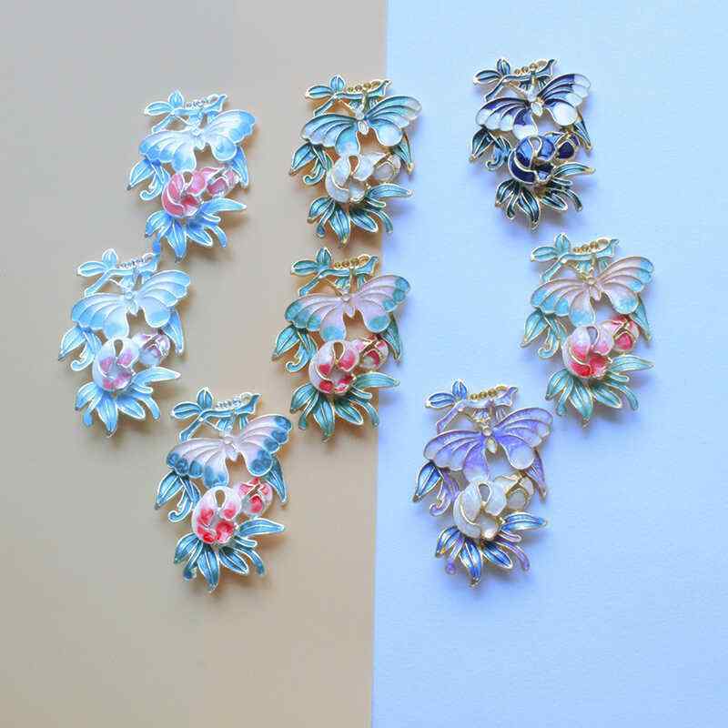 ヘアアクセサリー レディース 古風 かんざし 蝶 牡丹花 アロイ エナメル加工 手作り DIY チャイナドレス 襟ピン ペンダント シルバー ゴールド ブルー系 グリーン系 パープル系